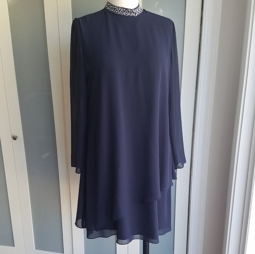 Navy and Pearl Collared Tiered Dress